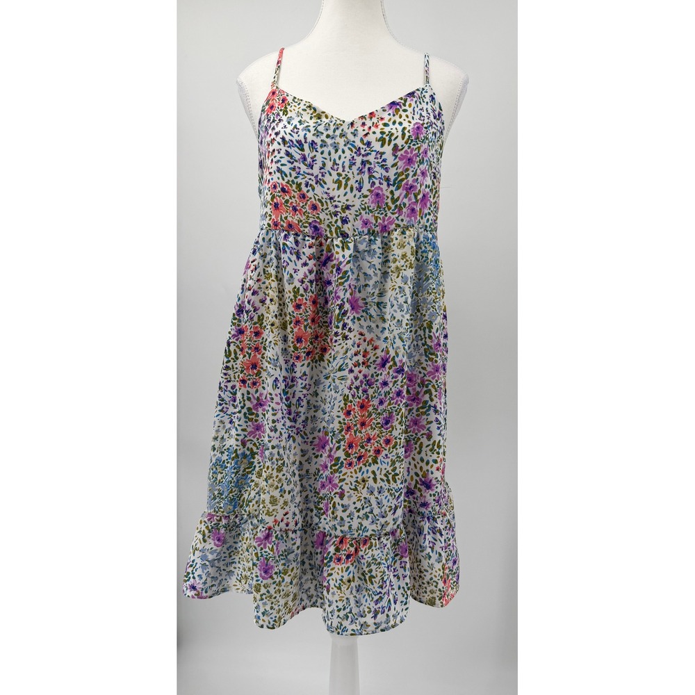 Everly Floral Midi Dress Womens Large White Purple Tiered Ruffle Hem Spaghetti